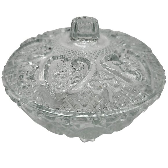 Vintage KIG Malaysia Depression Glass Candy Nut Dish Lid Rose & Heart Design - Picture 1 of 10